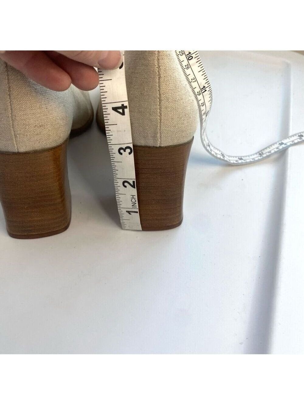 Nine West Beige Tan Linen Like Fabric Shoes Pump Square Toe Wood Block Heel Wome - Picture 8 of 11